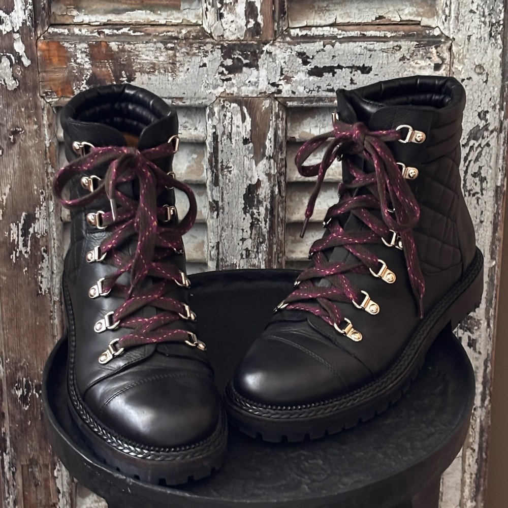 CHANEL Black Quilted Leather Lace-Up Combat Boots with Burgundy Laces
